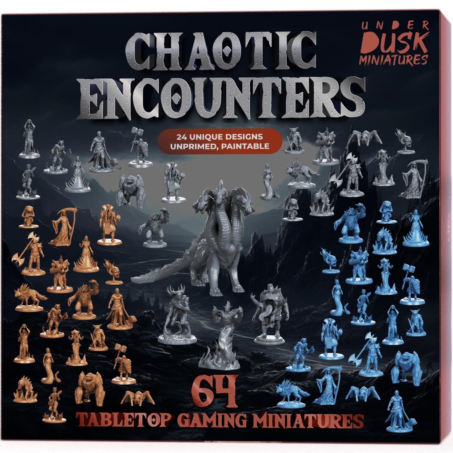 Underdusk Chaotic Encounters: 64 Unpainted DND Miniatures with Stat Blocks | TTRPG Starter Pack