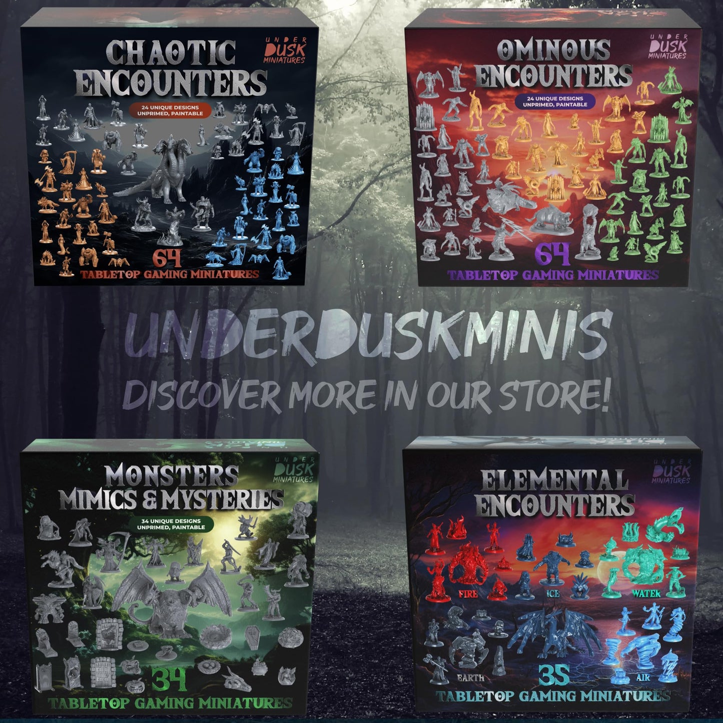 Underdusk: Elemental Encounters — 35 Unpainted DND Miniatures for D&D, TTRPG, Pathfinder & Dungeons & Dragons
