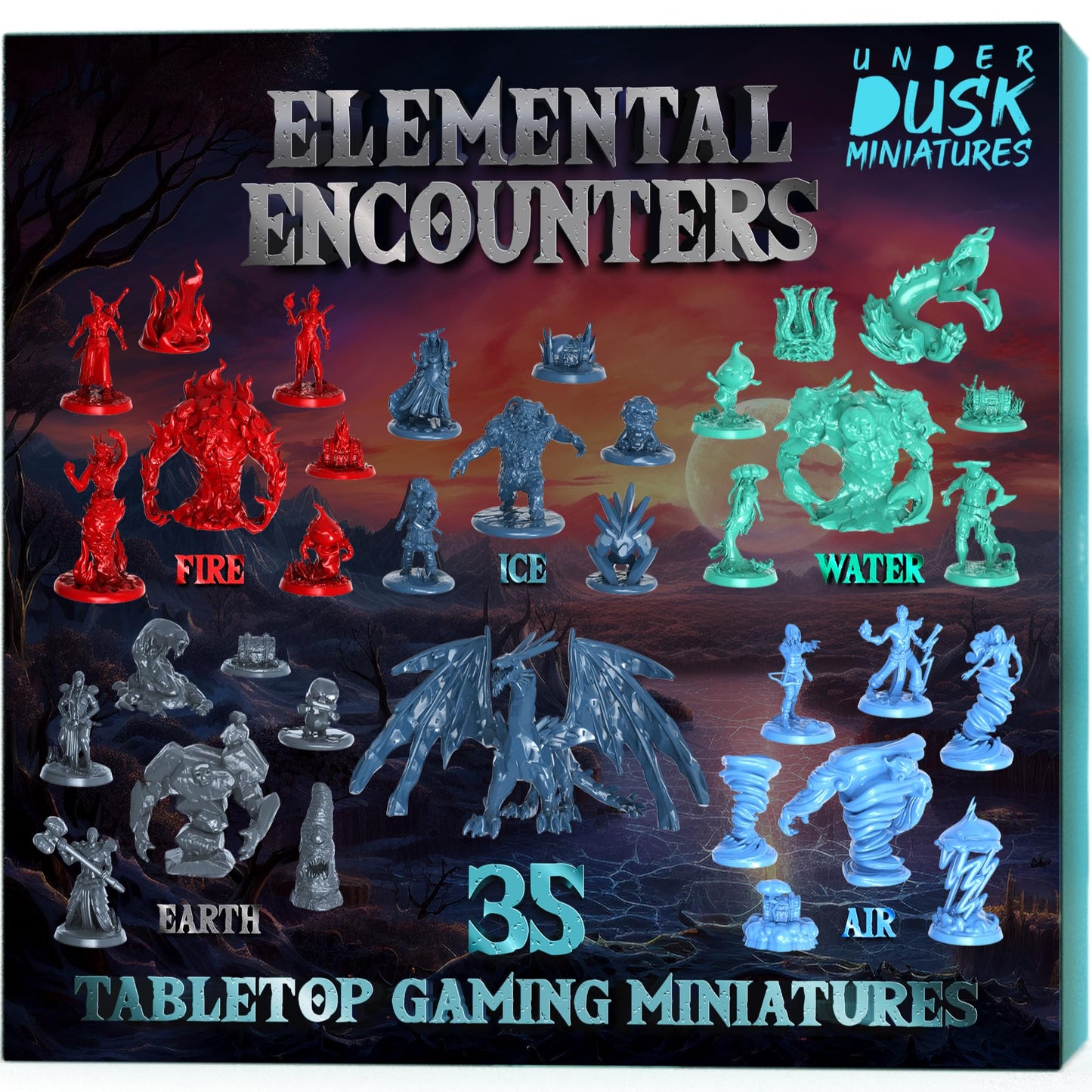 Underdusk: Elemental Encounters — 35 Unpainted DND Miniatures for D&D, TTRPG, Pathfinder & Dungeons & Dragons