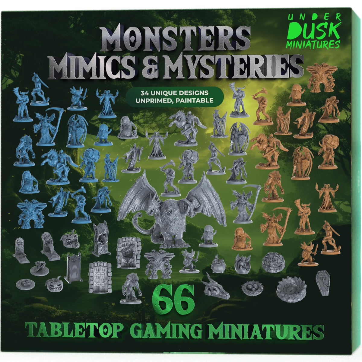 Underdusk Monsters, Mimics & Mysteries: 66 Unpainted Minis for D&D & Tabletop | Frightful Creatures & Disguised Mimics with Stat Blocks