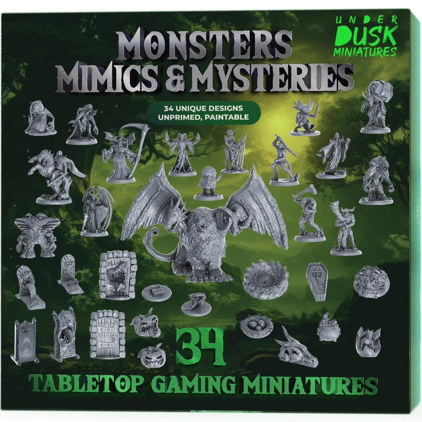 Underdusk: 34 Unpainted DND Miniatures for Tabletop Gaming | Monsters, Mimics & Mysteries | 28mm Scale