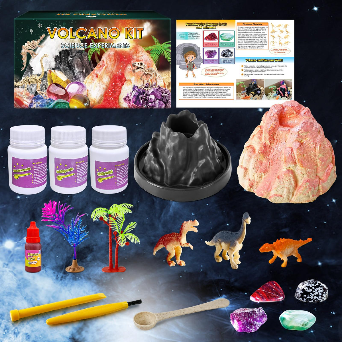 UNGLINGA Erupting Volcano Science Kit for Kids | Gemstone Dig Volcano & Snow Eruption