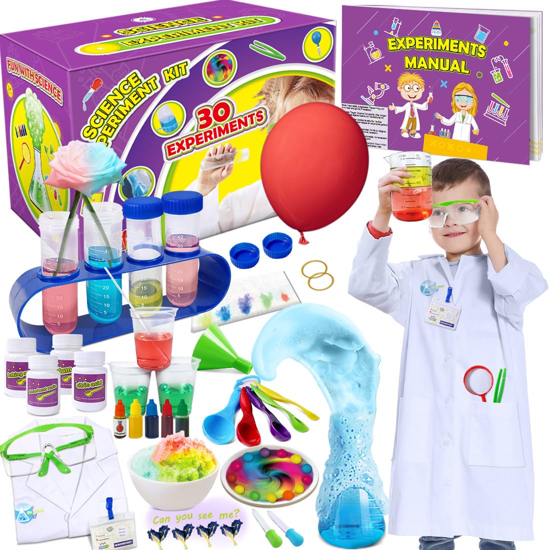 UNGLINGA 30 Experiments Science Kit for Kids – Lab Coat, Safety Glasses & STEM Toys
