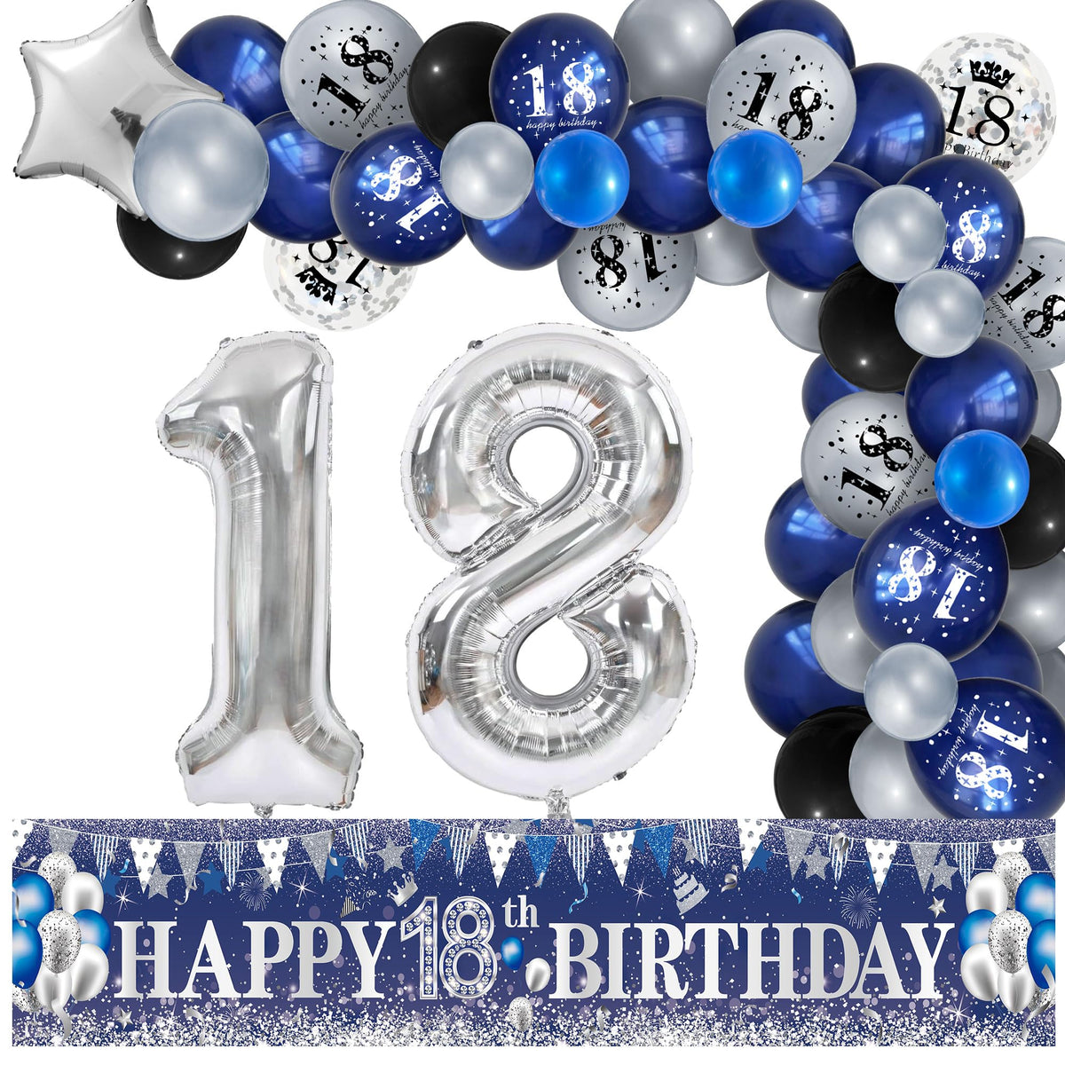 UniBirthLon Navy Blue & Silver 18th Birthday Yard Decor Kit – 66pc Balloons, Banner & Foil Number Backdrop
