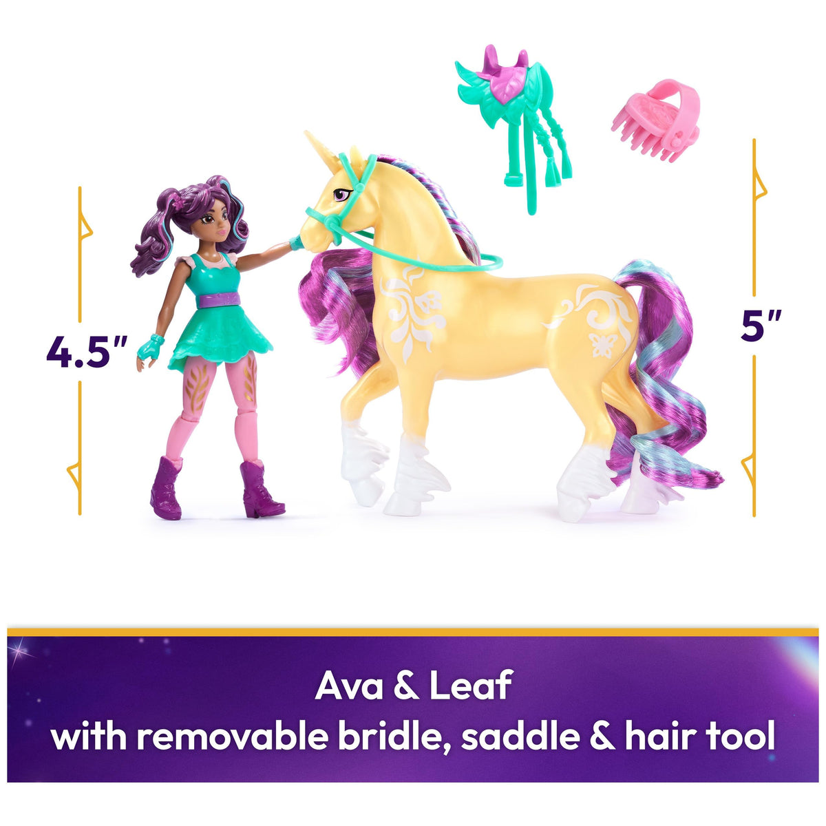 Unicorn Academy Ava & Leaf Set – 4.5” Ava Doll & 5” Leaf Unicorn with Accessories