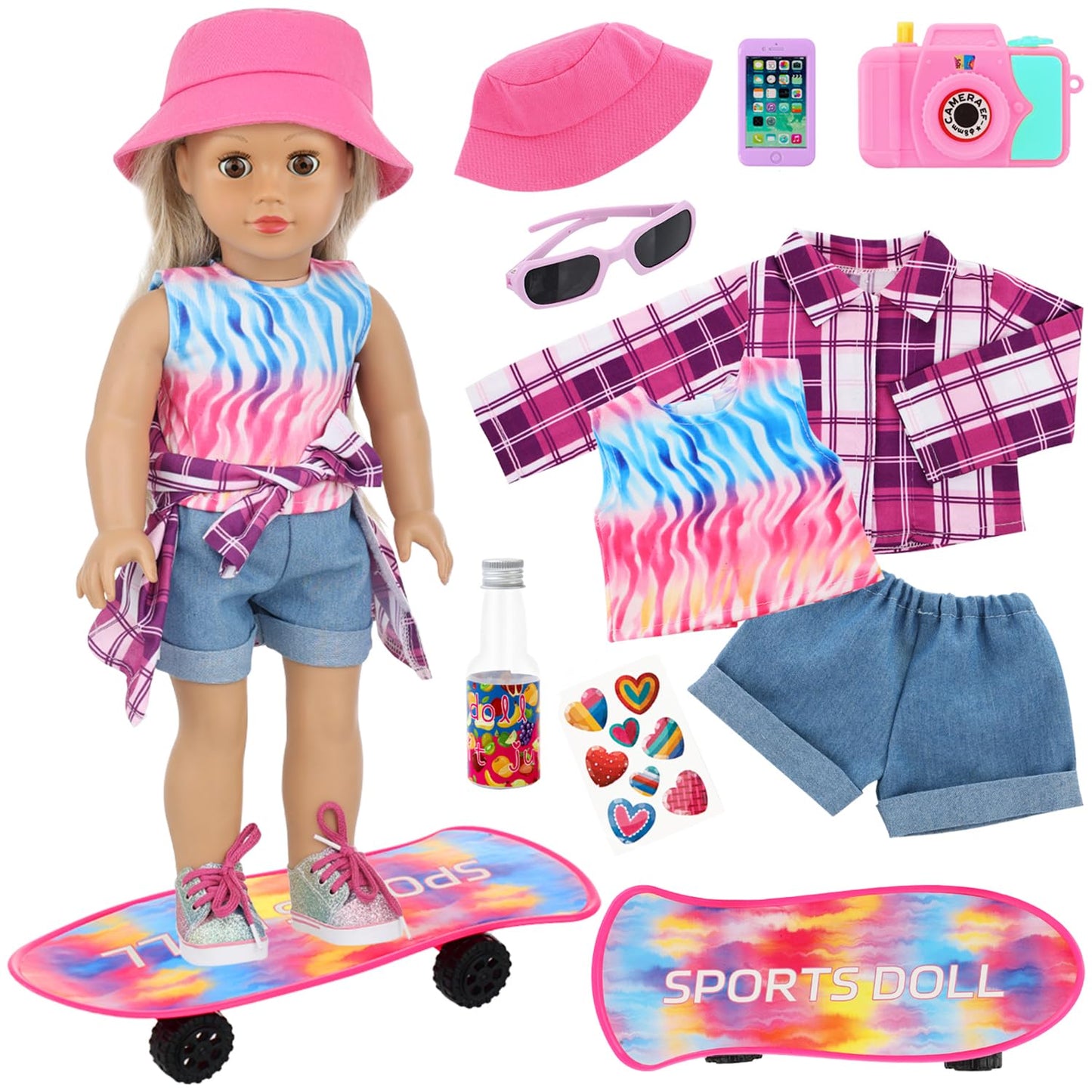 UNICORN ELEMENT: American 18-Inch Doll Skateboard Accessories & Clothes Set – Ten-Piece Outfit & Gear Collection