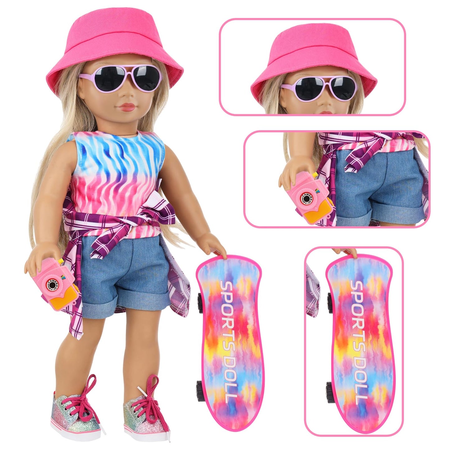 UNICORN ELEMENT: American 18-Inch Doll Skateboard Accessories & Clothes Set – Ten-Piece Outfit & Gear Collection