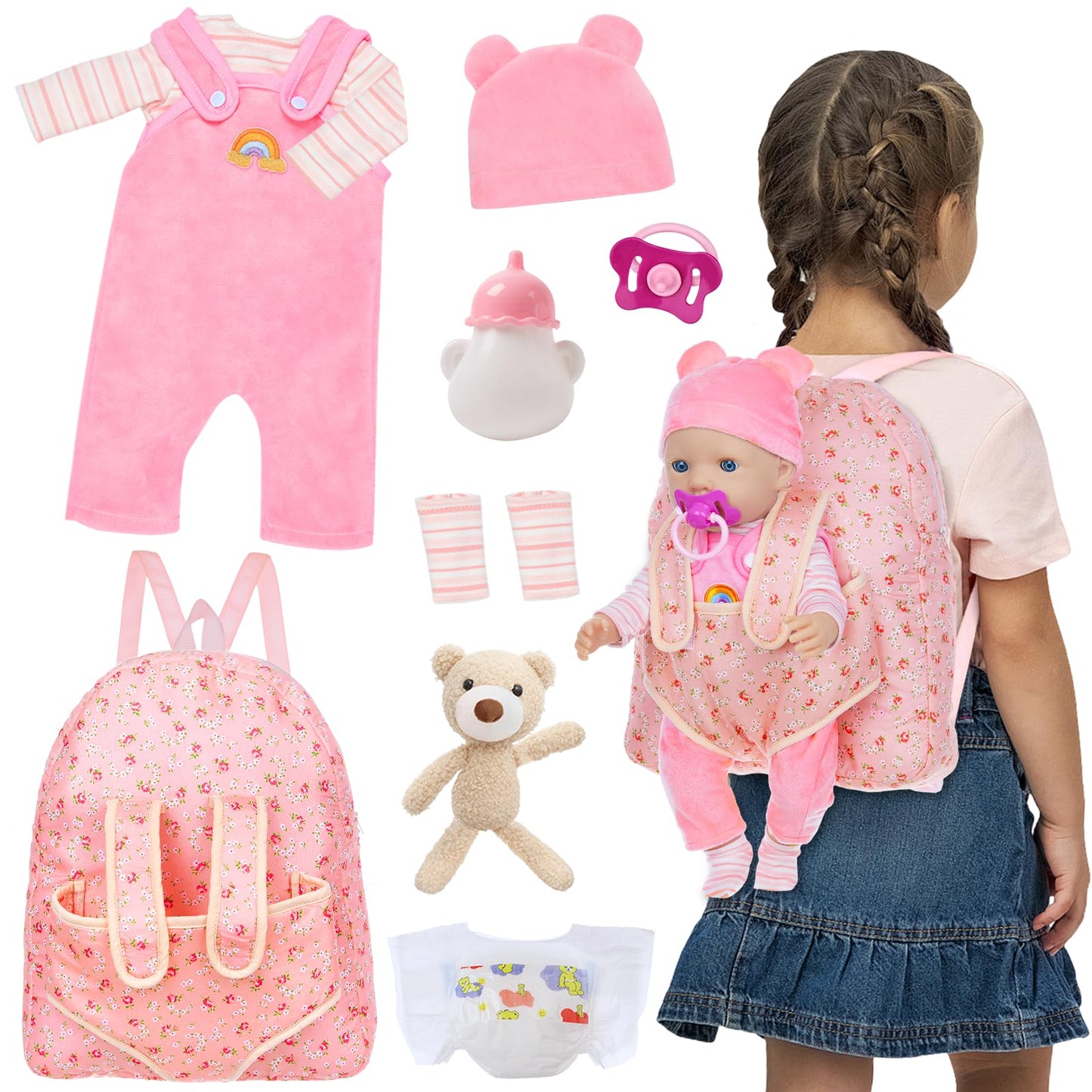 Unicorn Element Baby Doll Clothes with Backpack Carrier — 14-18 Inch Doll Accessories Set