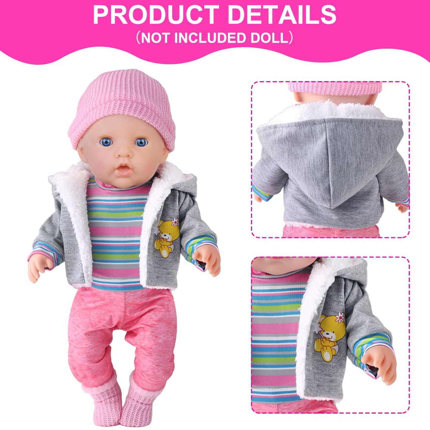 UNICORN ELEMENT 9PCS 16-18in Baby Doll Clothes Set — Magic Tape Design, Hat & Socks (No Doll Included)