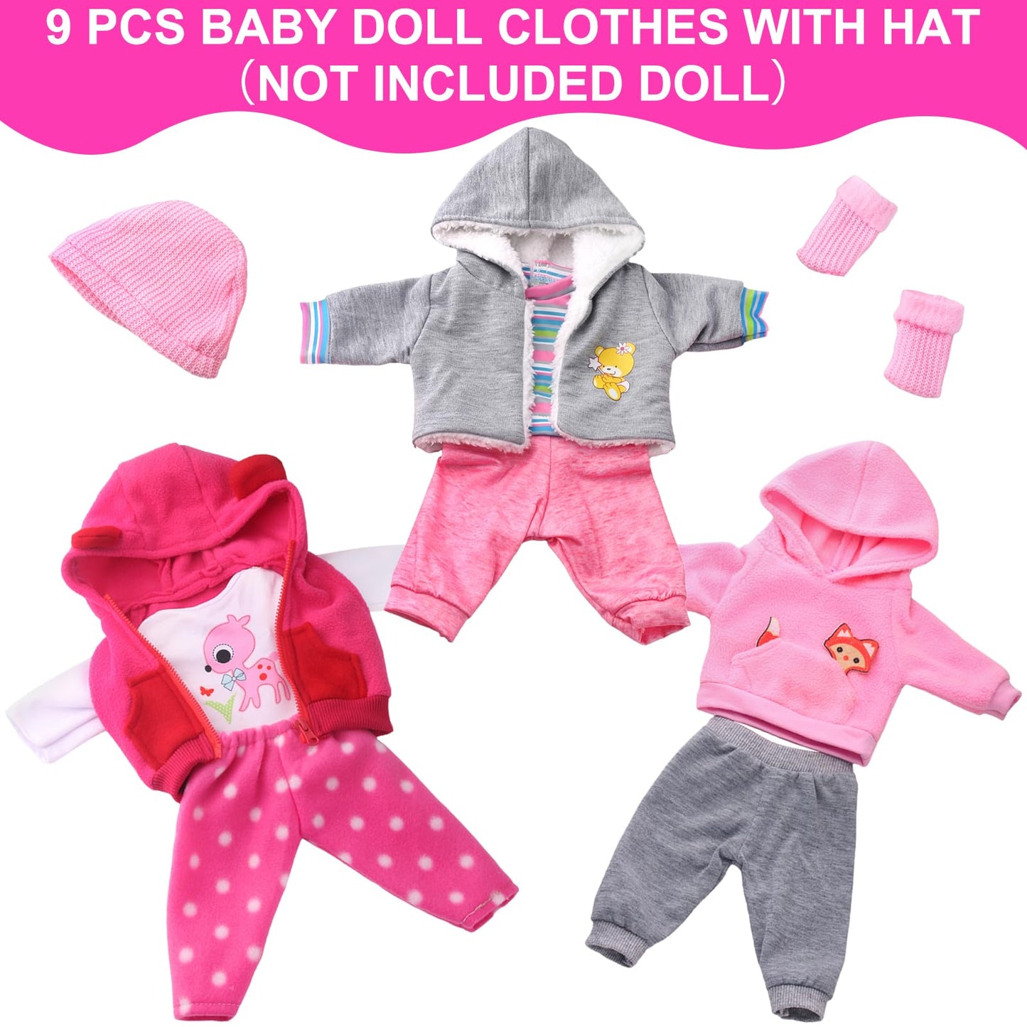 UNICORN ELEMENT 9PCS 16-18in Baby Doll Clothes Set — Magic Tape Design, Hat & Socks (No Doll Included)