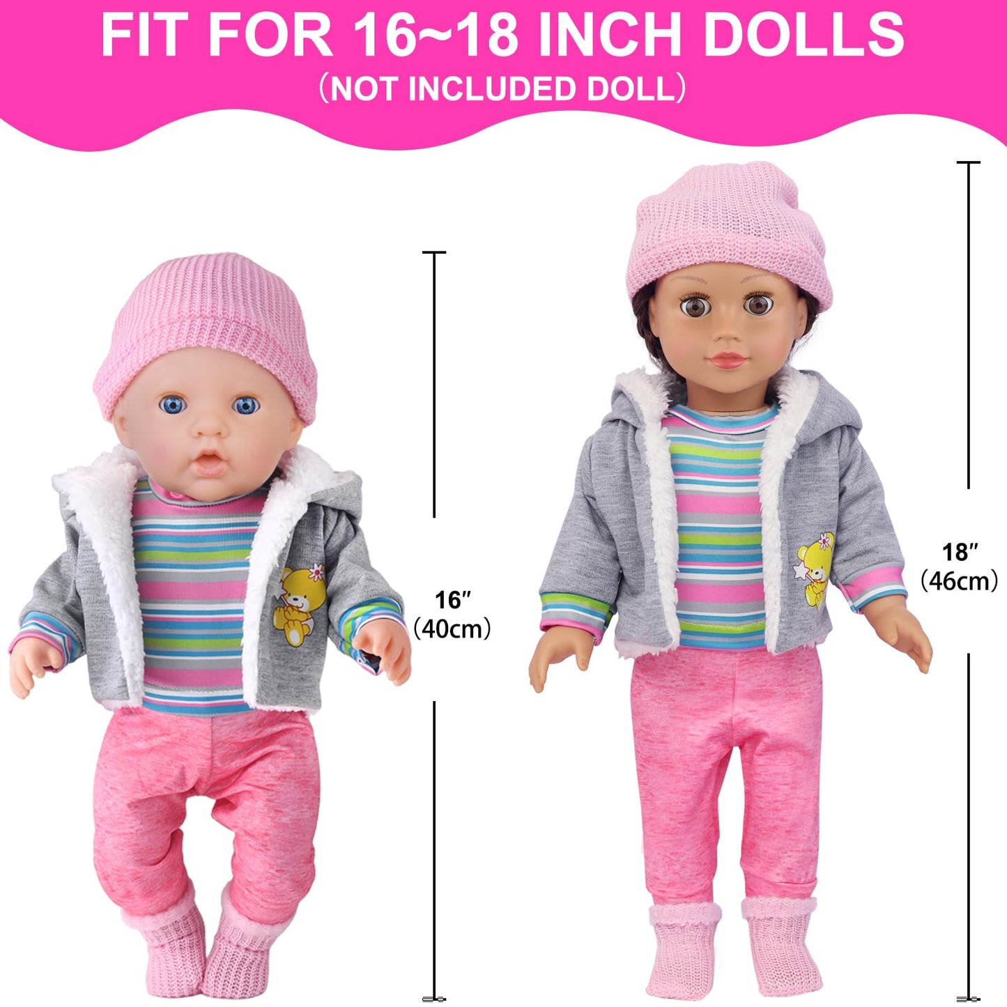 UNICORN ELEMENT 9PCS 16-18in Baby Doll Clothes Set — Magic Tape Design, Hat & Socks (No Doll Included)