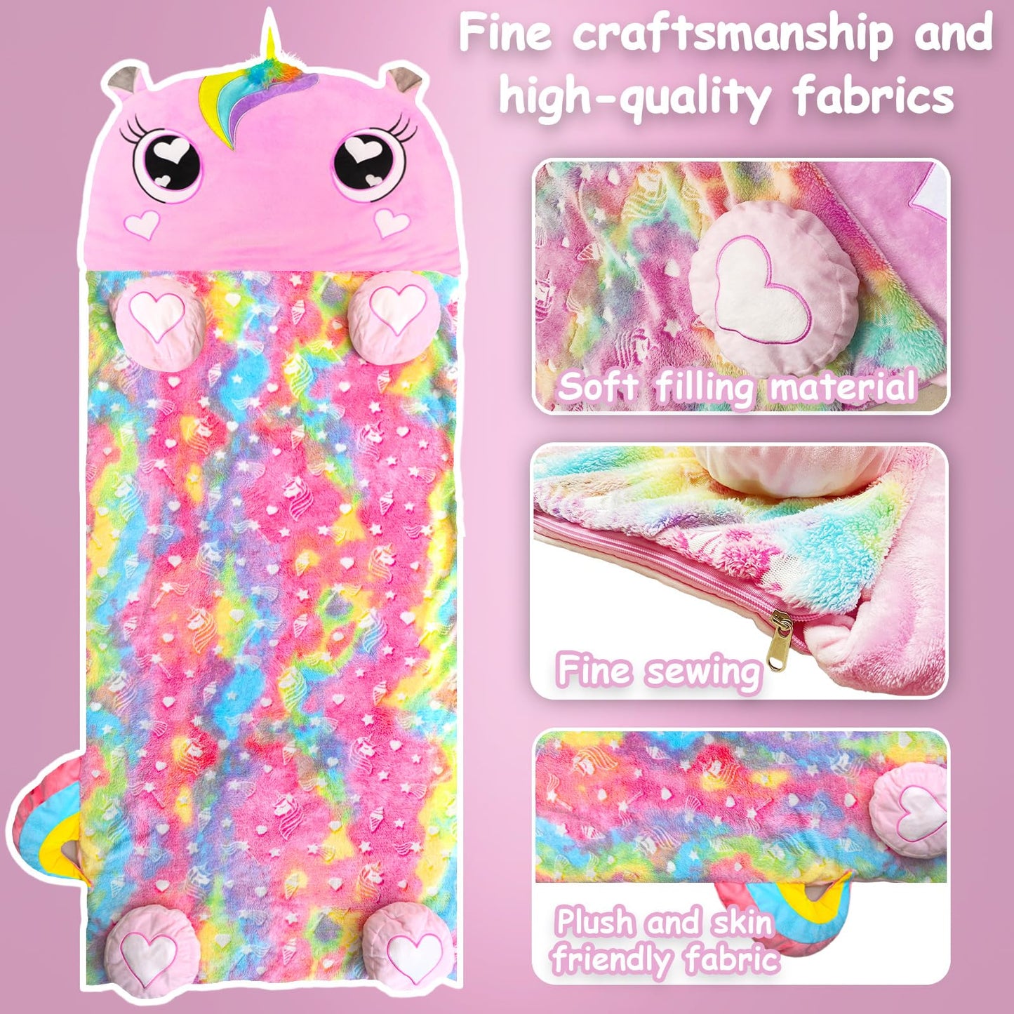 Unicorn Slumber Kids Sleeping Bag – Large 70x30 Nap Mat for Ages 3–12
