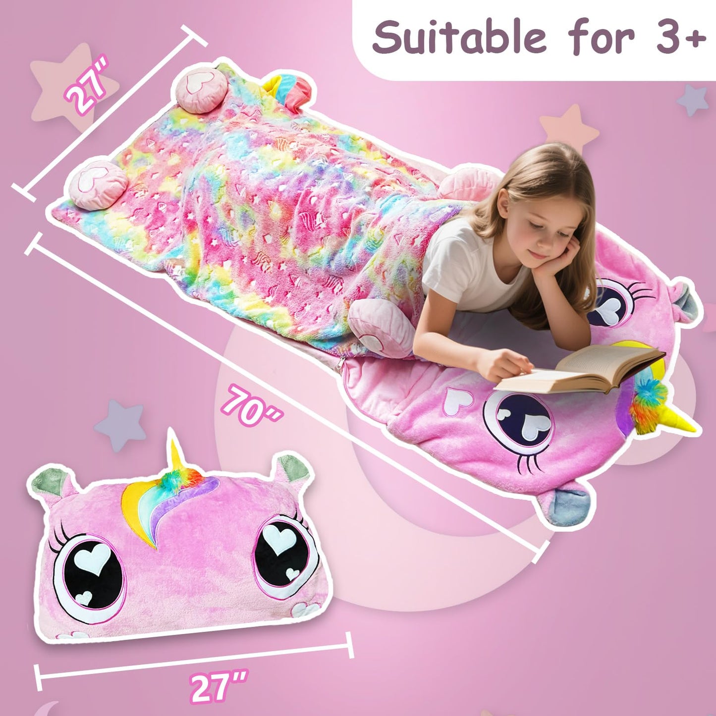 Unicorn Slumber Kids Sleeping Bag – Large 70x30 Nap Mat for Ages 3–12