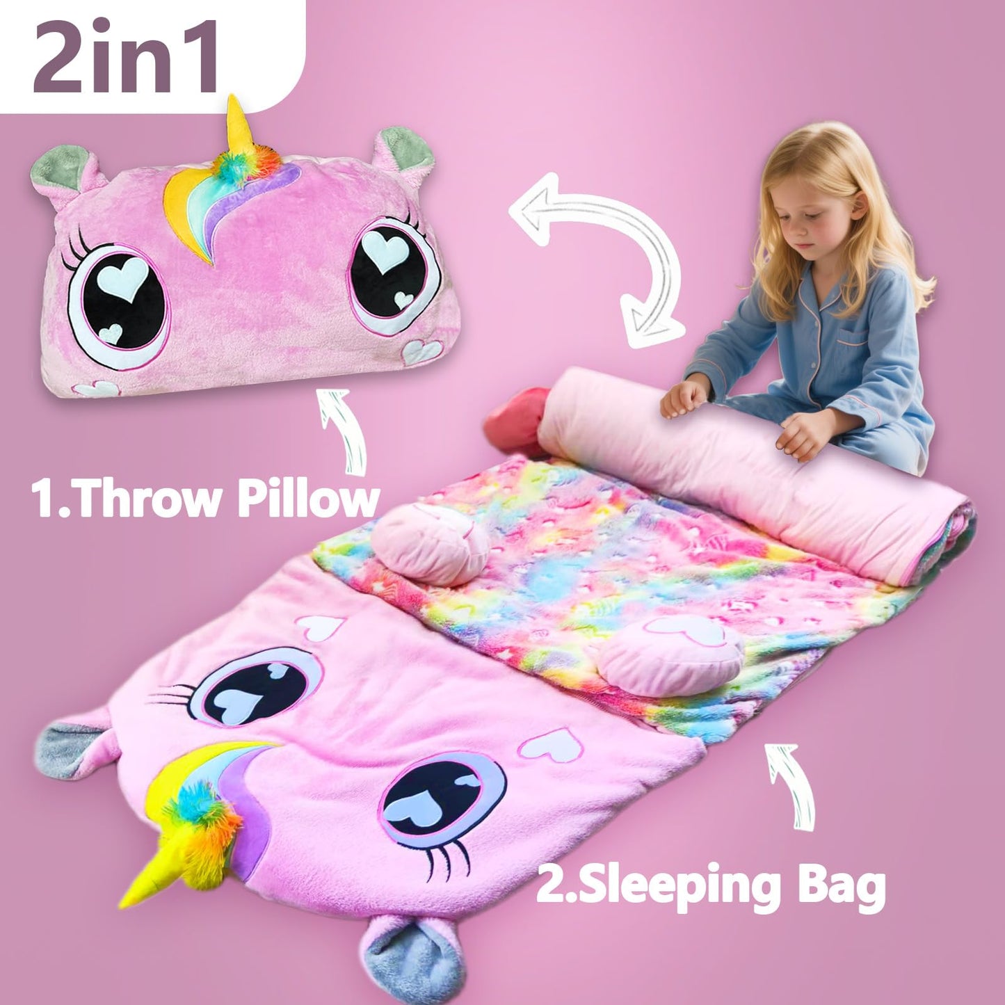 Unicorn Slumber Kids Sleeping Bag – Large 70x30 Nap Mat for Ages 3–12
