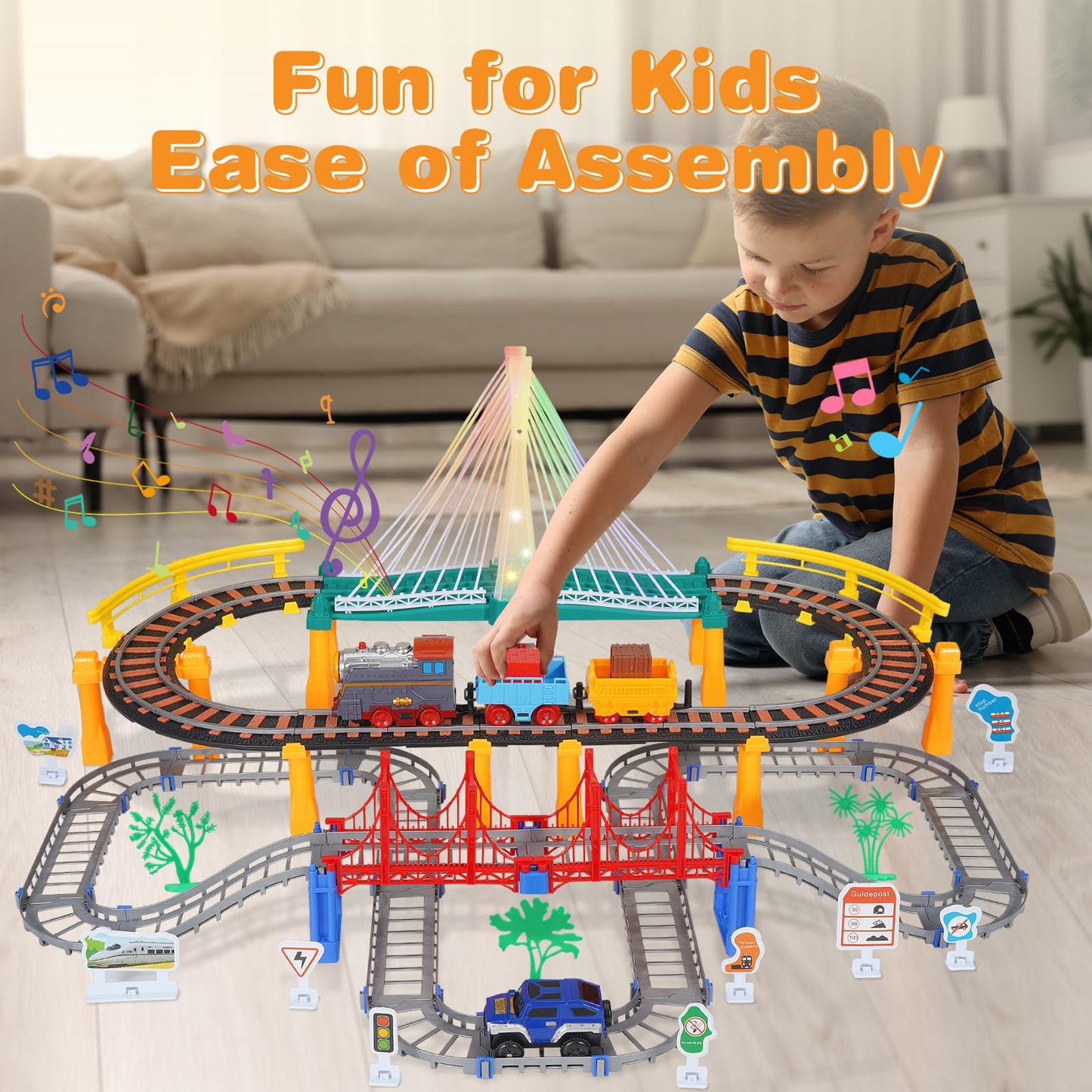 Unimoly Electric Train Set – 2-in-1 DIY Tracks with Light-Up Bridge for Ages 5-8