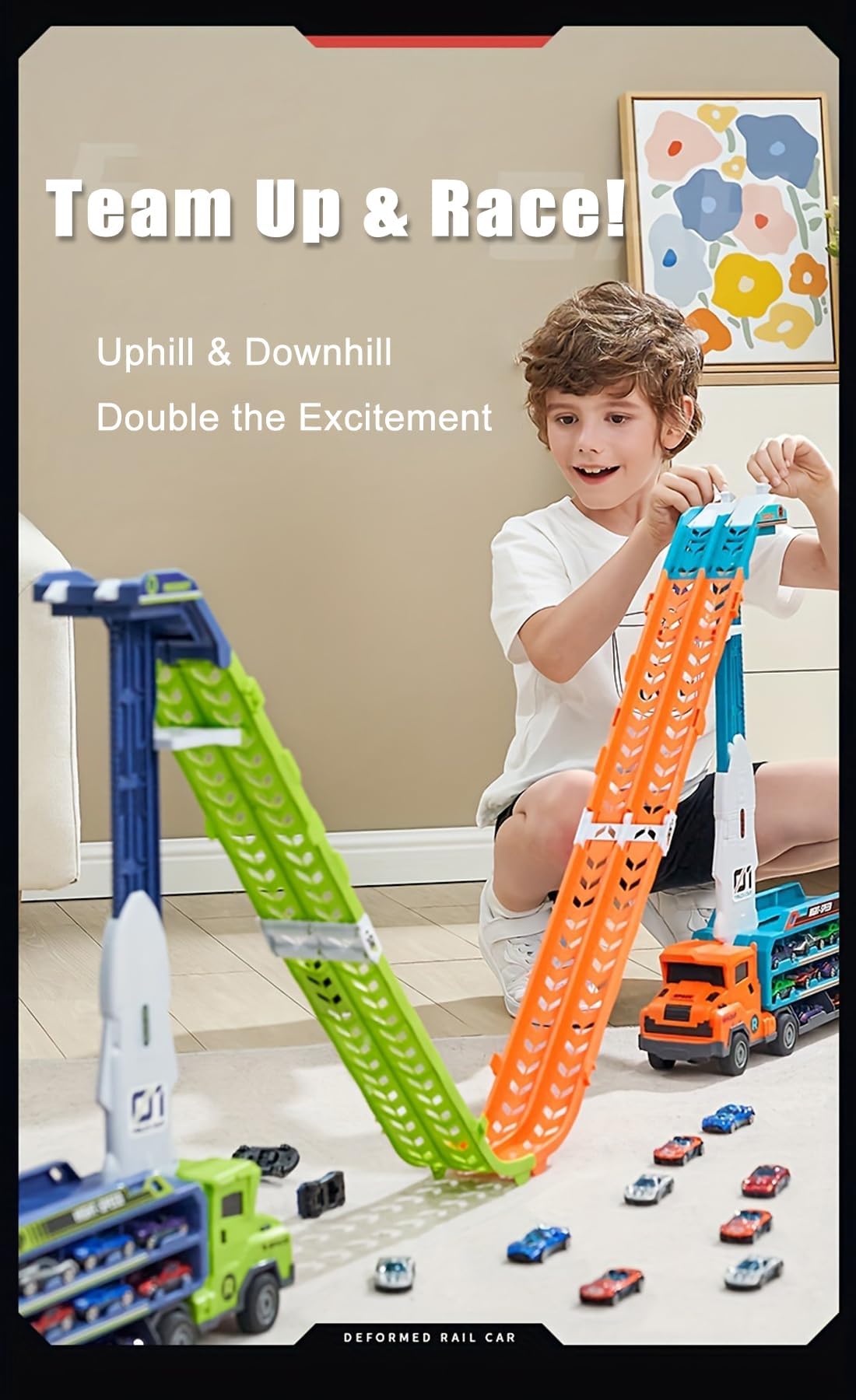 Unimoly Carrier Truck Transport Toy - Foldable 2-Layer Race Track with 6 Cars (Green)