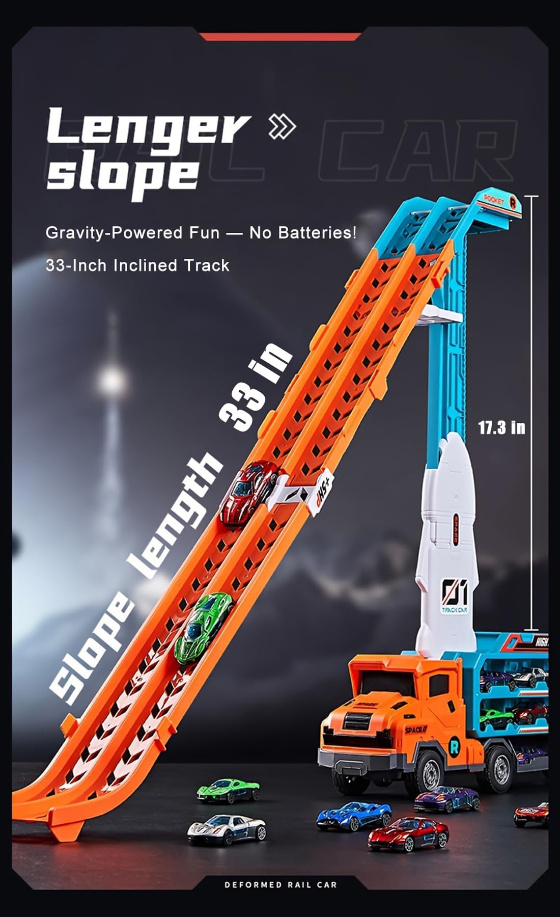 Unimoly Carrier Truck Transport Toy - Foldable 2-Layer Race Track with 6 Cars (Green)