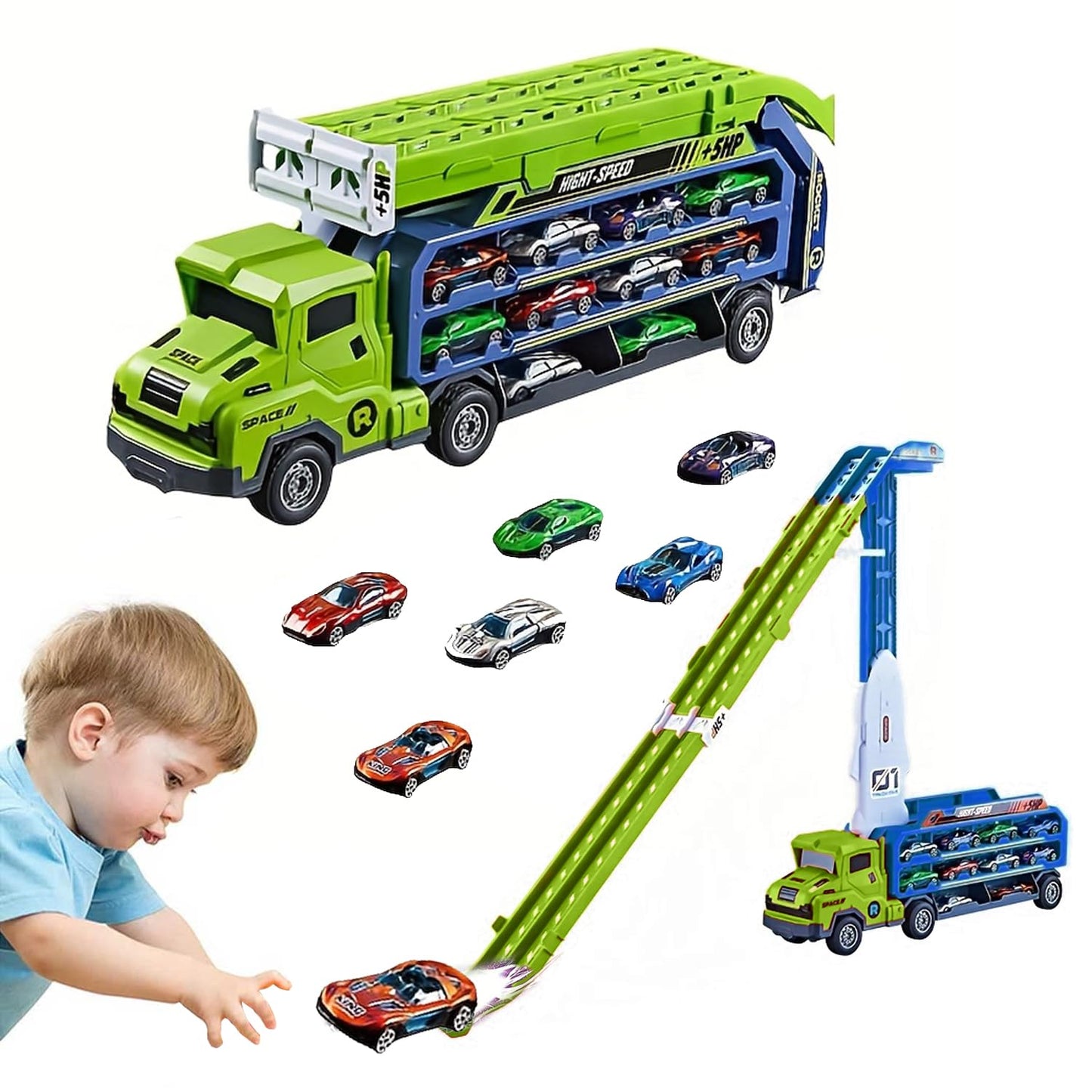 Unimoly Carrier Truck Transport Toy - Foldable 2-Layer Race Track with 6 Cars (Green)
