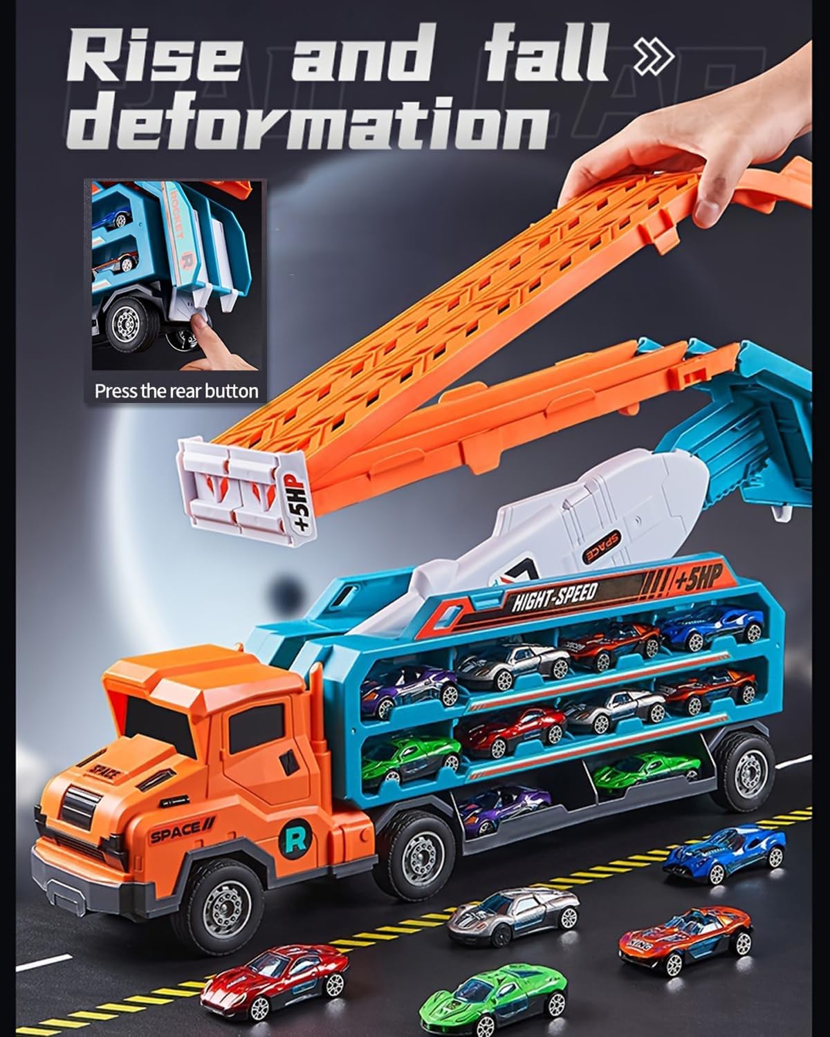 Unimoly Carrier Truck Transport Toy - Foldable 2-Layer Race Track with 6 Cars (Green)