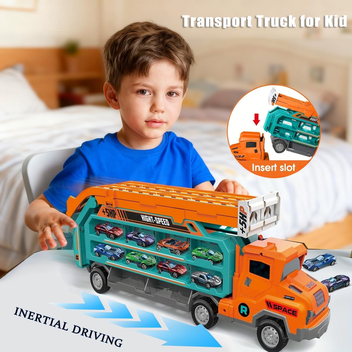 Unimoly Carrier Truck Transport Toy - Foldable 2-Layer Race Track with 6 Cars (Green)
