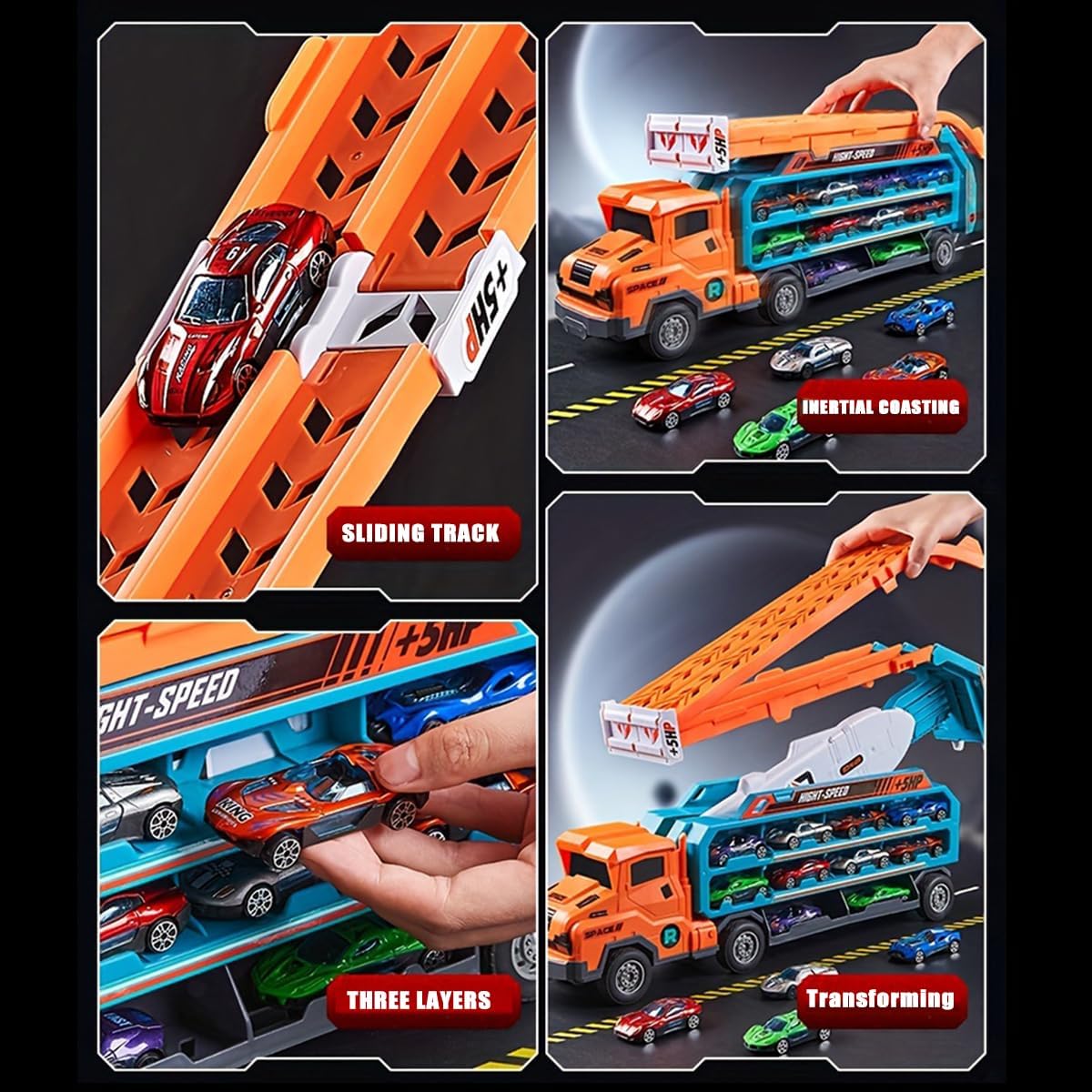 Unimoly Carrier Truck Transport Toy - Foldable 2-Layer Race Track with 6 Cars (Green)
