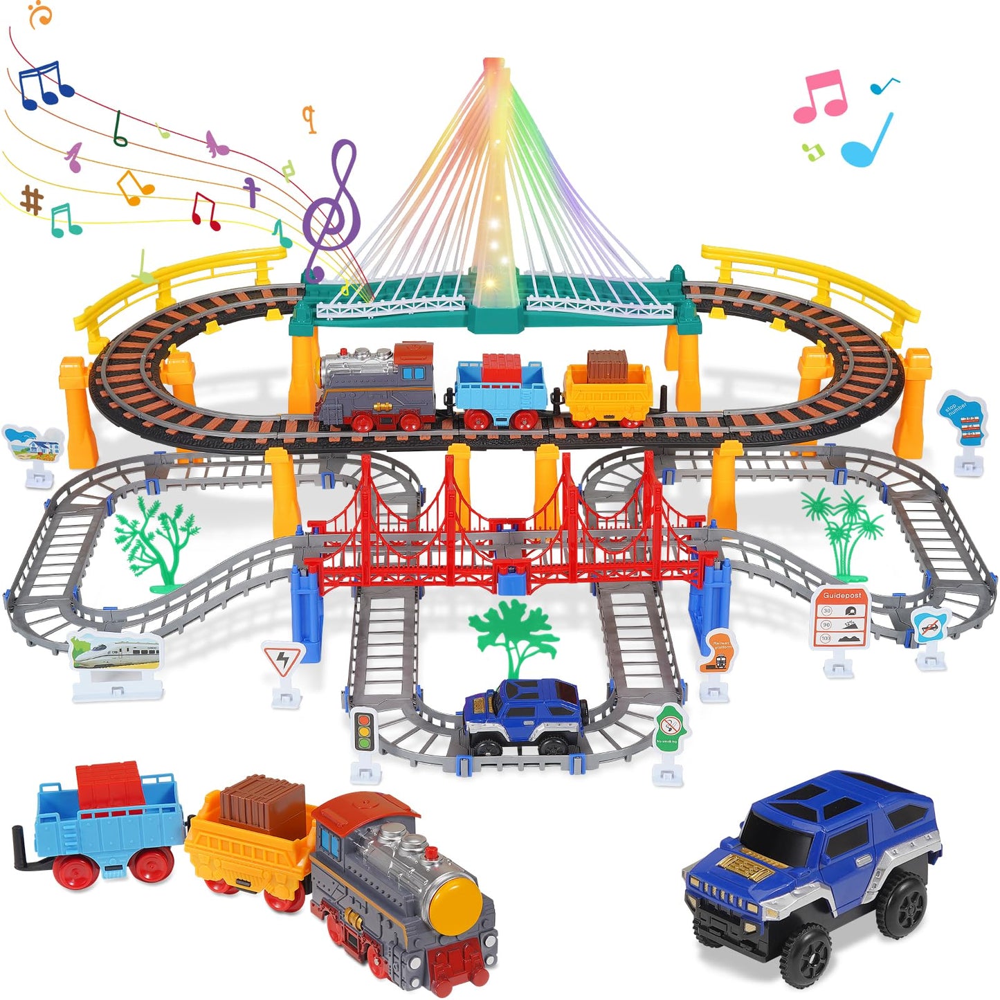 Unimoly Electric Train Set – 2-in-1 DIY Tracks with Light-Up Bridge for Ages 5-8