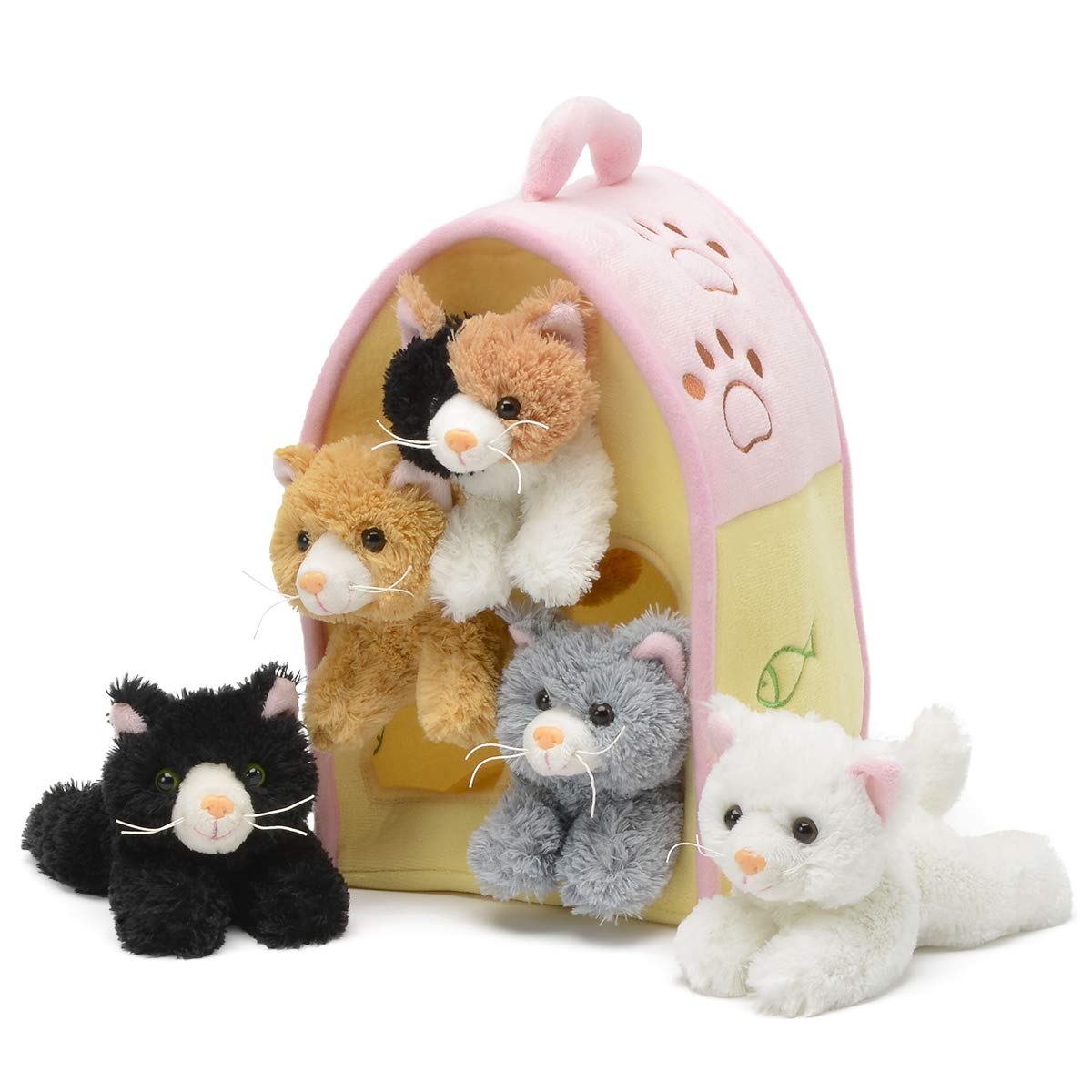 Unipak Plush Cat House with Five Kittens – Portable Kitten Play Set