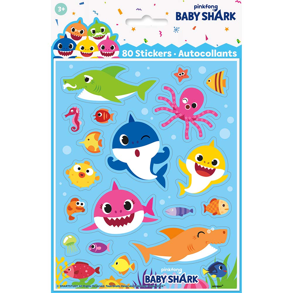 Unique Baby Shark Sticker Sheets Multicolor 8in Pack of 4 | Premium Adhesive Party Decor