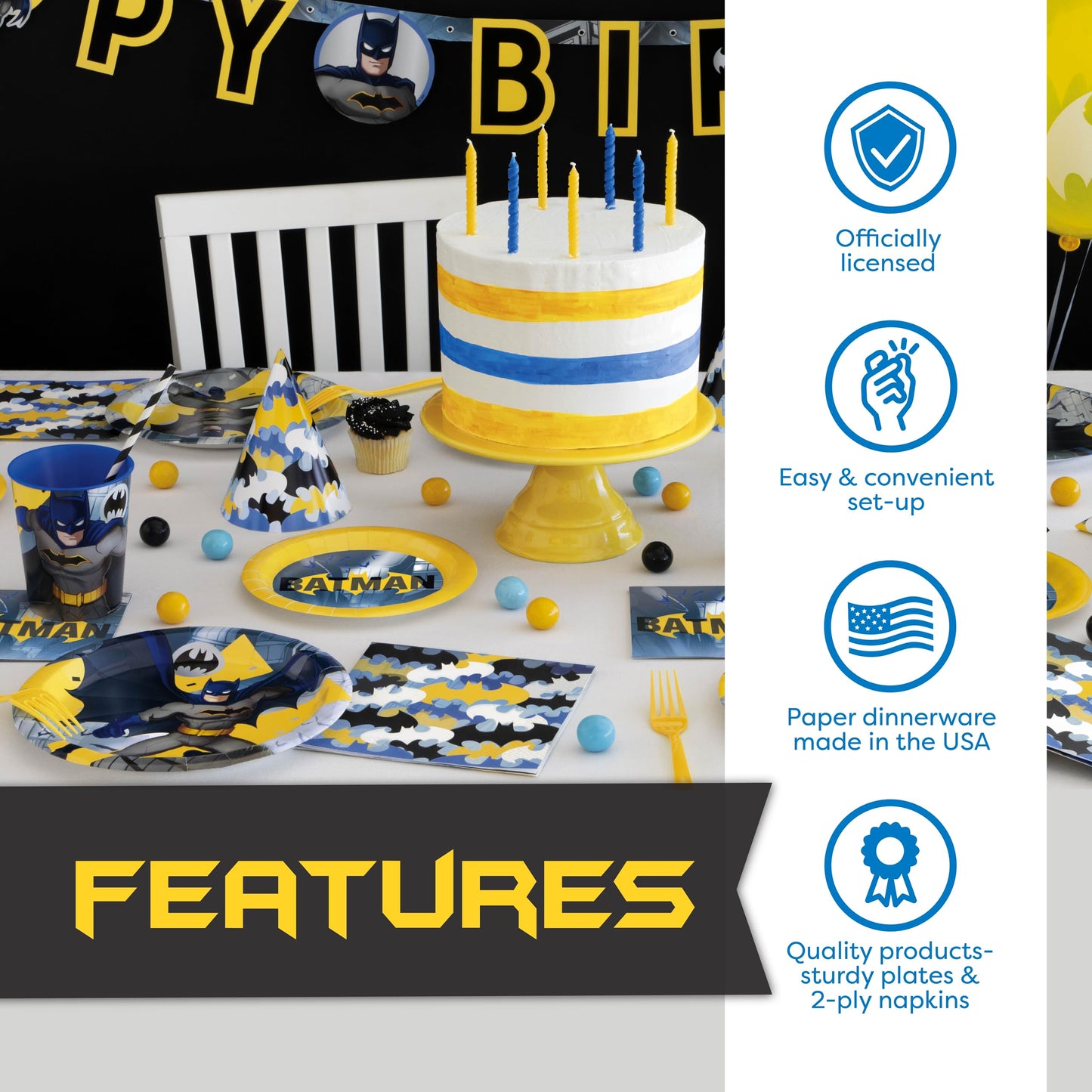 Unique Batman Birthday Party Supplies for 16 Guests | Banner, Table Cover, Masks & Plates