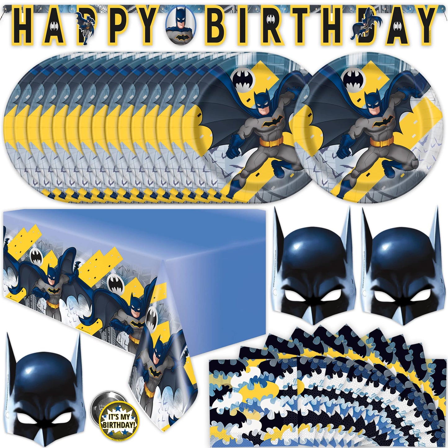 Unique Batman Birthday Party Supplies for 16 Guests | Banner, Table Cover, Masks & Plates