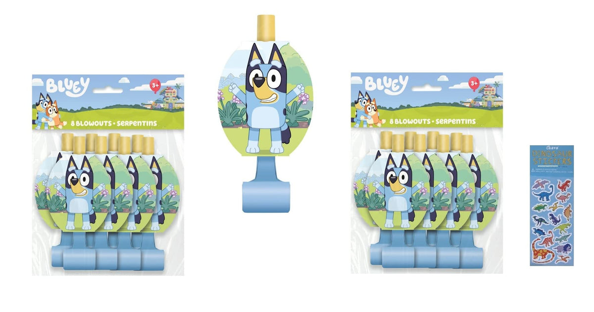 Unique Bluey Birthday Party Supplies Bundle Pack – 16 Party Blowouts + 1 Dinosaur Sticker Sheet
