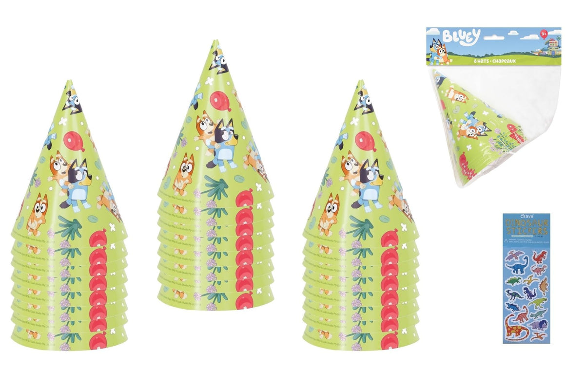 Unique Bluey Birthday Party Bundle — 24 Hats + 1 Dinosaur Sticker Sheet