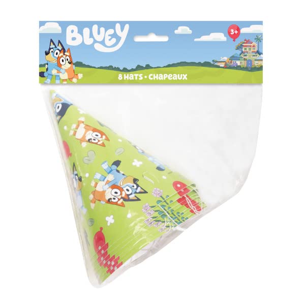 Unique Bluey Birthday Party Supplies Bundle — 8 Hats, 8 Blowouts, 1 Dinosaur Sticker Sheet