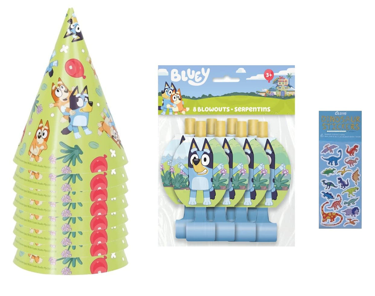Unique Bluey Birthday Party Supplies Bundle — 8 Hats, 8 Blowouts, 1 Dinosaur Sticker Sheet
