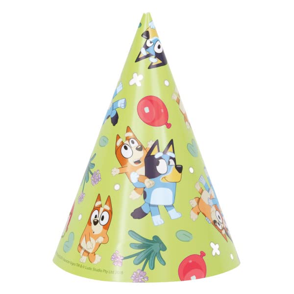Unique Bluey Birthday Party Supplies Bundle — 8 Hats, 8 Blowouts, 1 Dinosaur Sticker Sheet