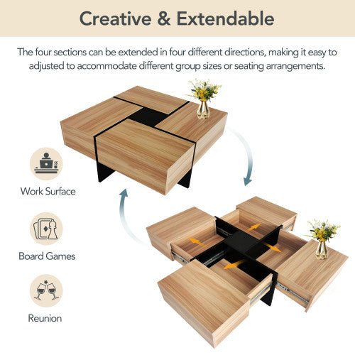 Modern Square Coffee Table with Hidden Storage - Brown High-Gloss