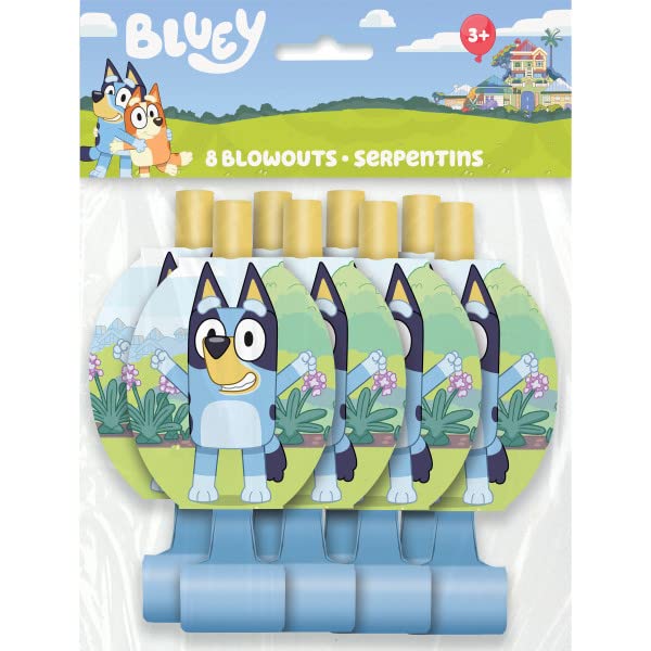 Unique Bluey Birthday Party Supplies Bundle — 8 Hats, 8 Blowouts, 1 Dinosaur Sticker Sheet
