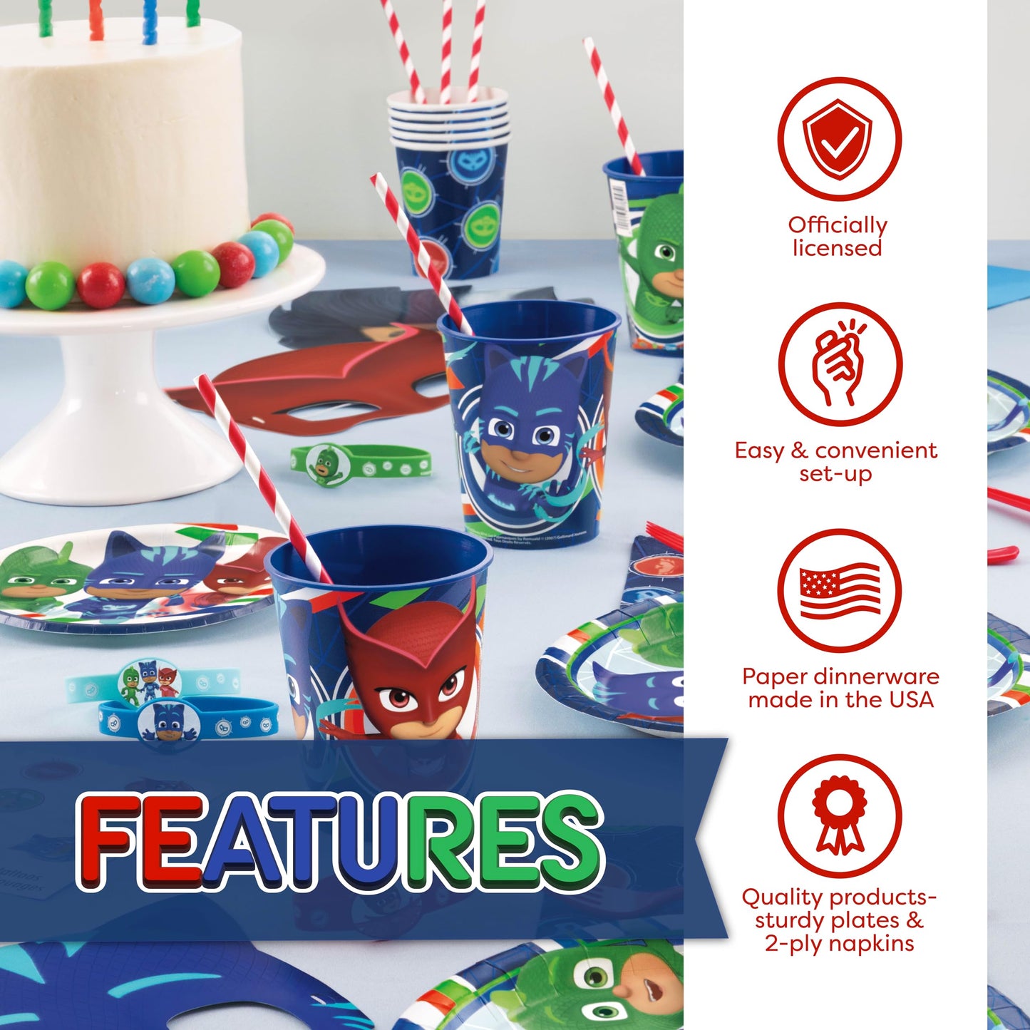PJ Masks Birthday Party Supplies Set for 16 Guests | Decor, Plates, Cups & Button | Unique