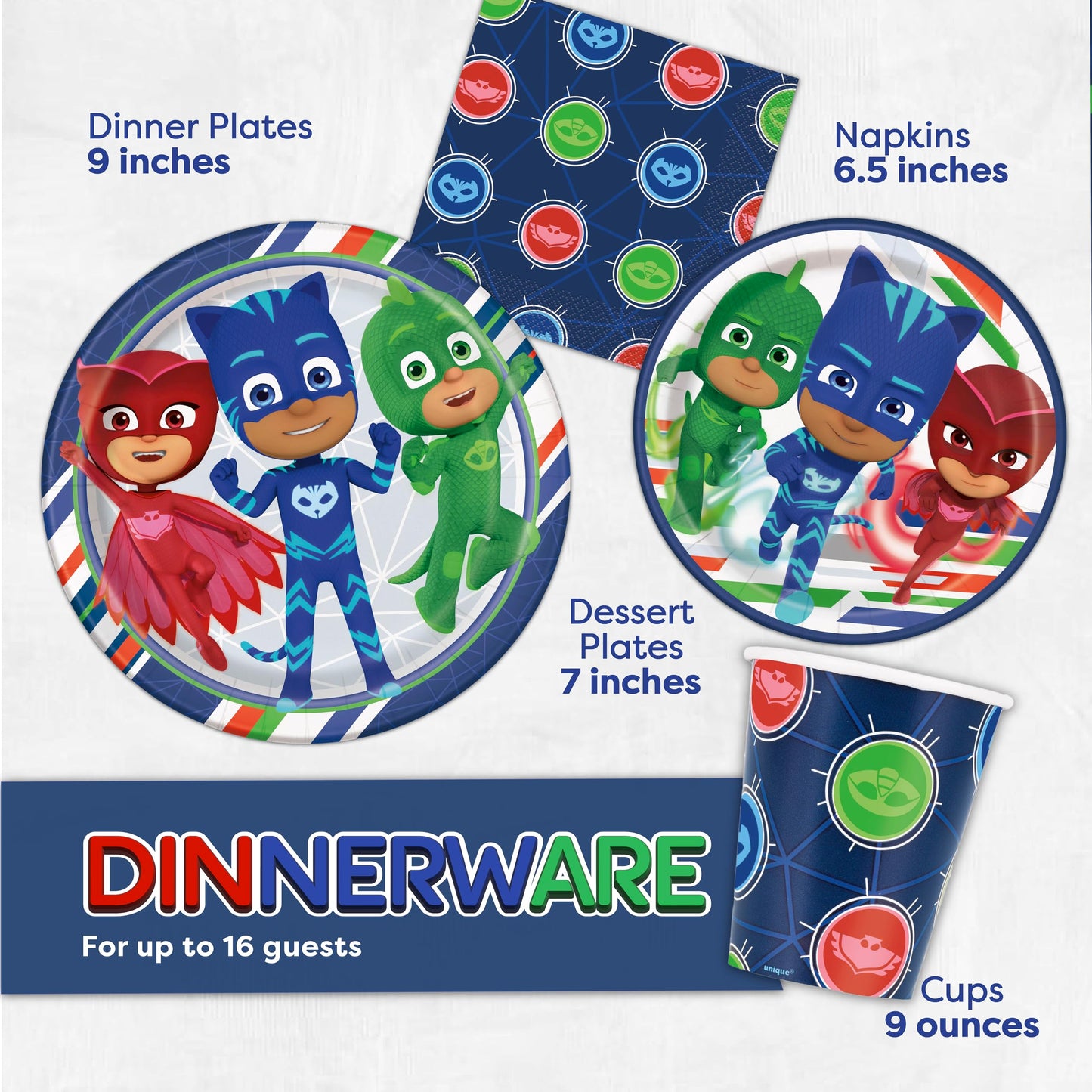 PJ Masks Birthday Party Supplies Set for 16 Guests | Decor, Plates, Cups & Button | Unique