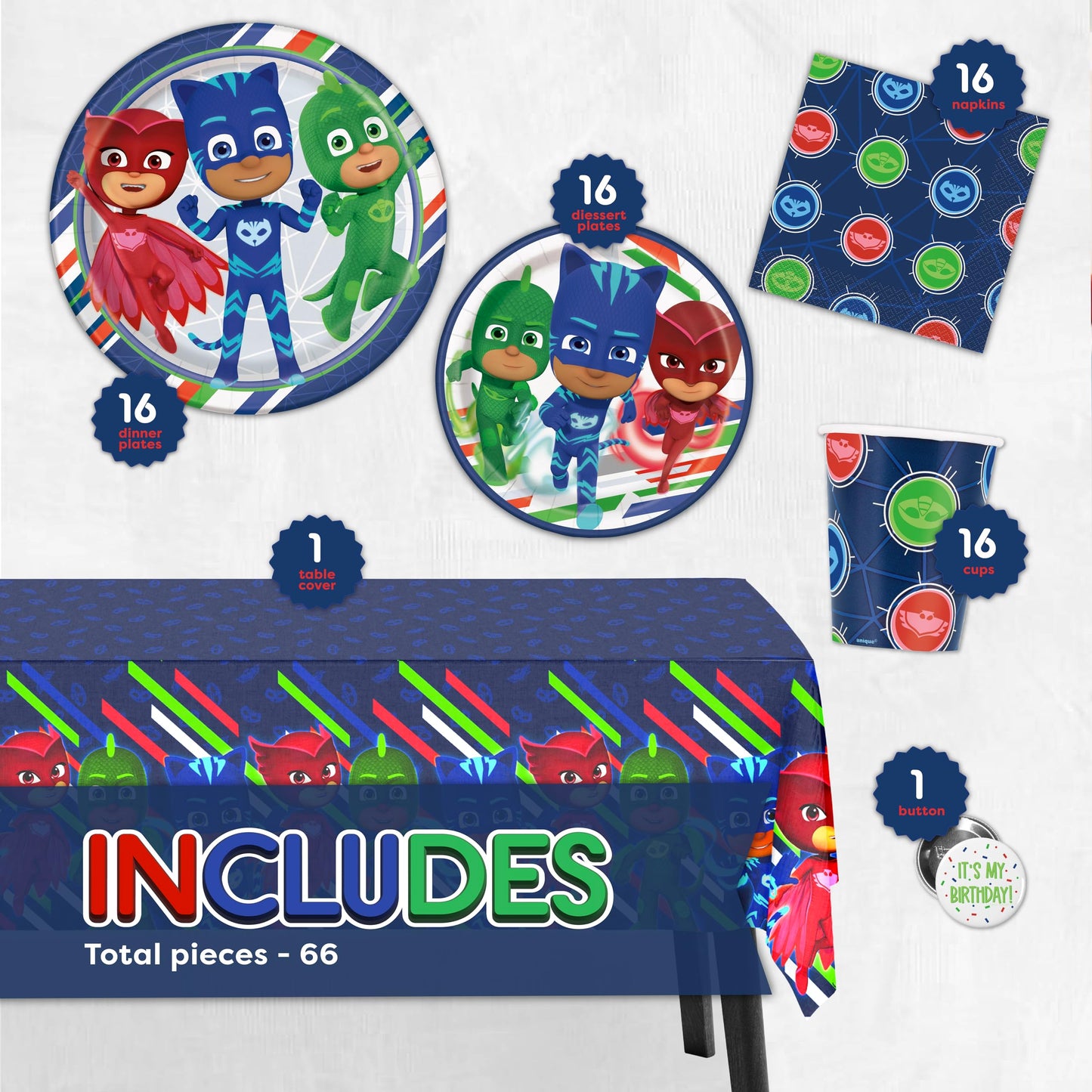 PJ Masks Birthday Party Supplies Set for 16 Guests | Decor, Plates, Cups & Button | Unique