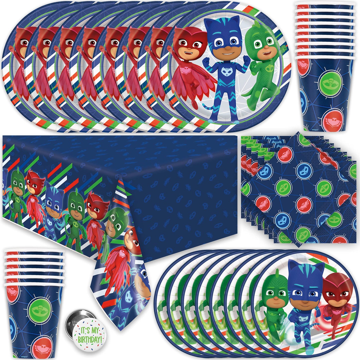 PJ Masks Birthday Party Supplies Set for 16 Guests | Decor, Plates, Cups & Button | Unique