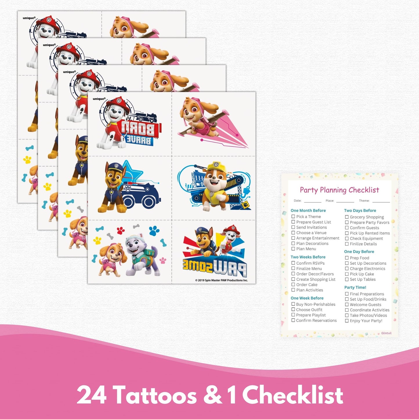 Unique Skye Paw Patrol Party Favors for 16 — Pink Birthday Decorations Bundle with Goodie Bags, Tattoos, Blowouts, Stickers & Checklist