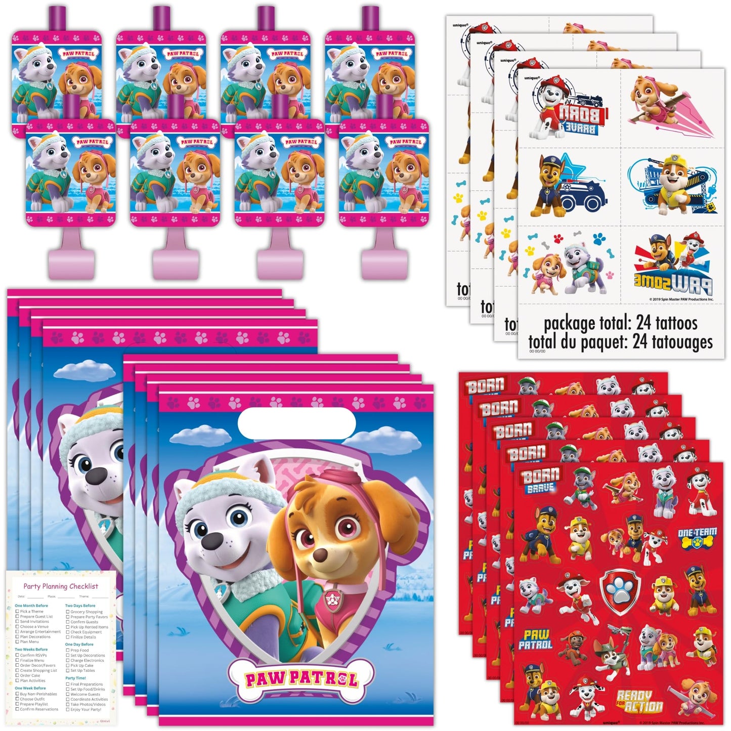 Unique Skye Paw Patrol Party Favors for 16 — Pink Birthday Decorations Bundle with Goodie Bags, Tattoos, Blowouts, Stickers & Checklist