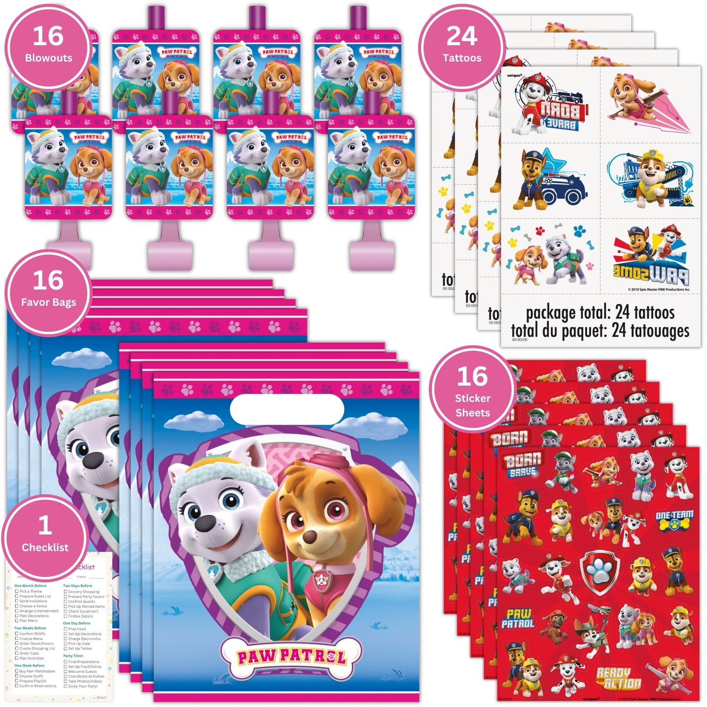 Unique Skye Paw Patrol Party Favors for 16 — Pink Birthday Decorations Bundle with Goodie Bags, Tattoos, Blowouts, Stickers & Checklist