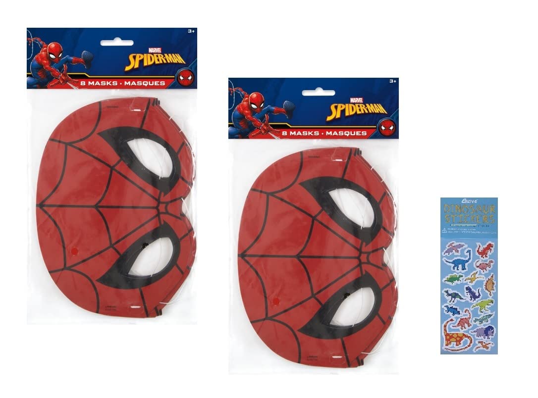 Unique Spiderman Party Supplies Bundle Pack – 16 Paper Masks + 1 Dinosaur Sticker Sheet