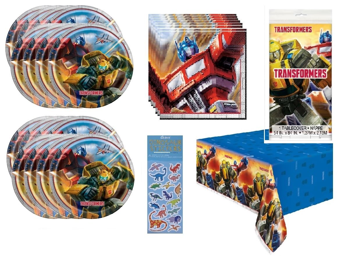 Unique Transformers Birthday Party Supplies Bundle Set – Serves 16 (Plates, Napkins, Table Cover, Dinosaur Sticker Sheet)