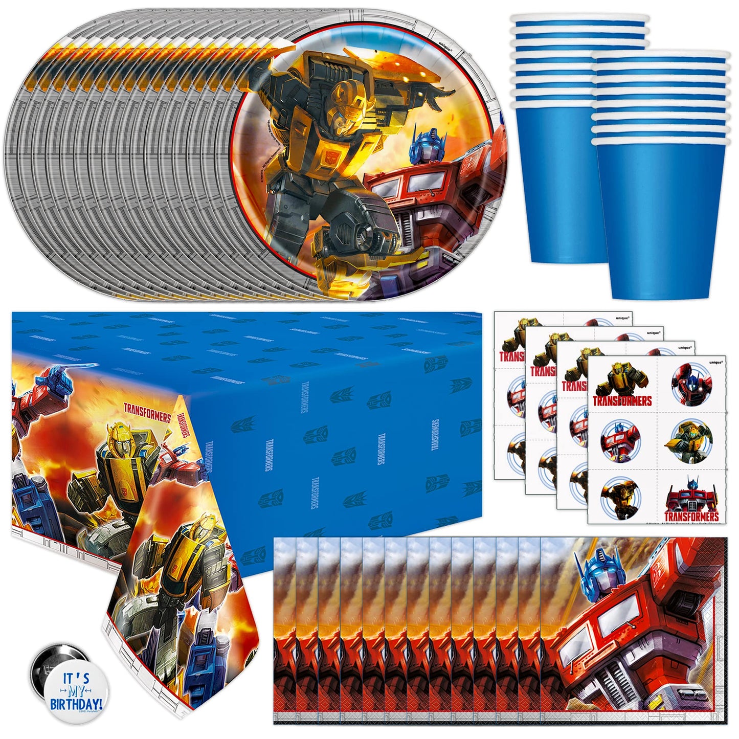 Unique Transformers Birthday Party Supplies – Serves 16 | Tablecover, Plates, Napkins, Cups, Tattoos & Button