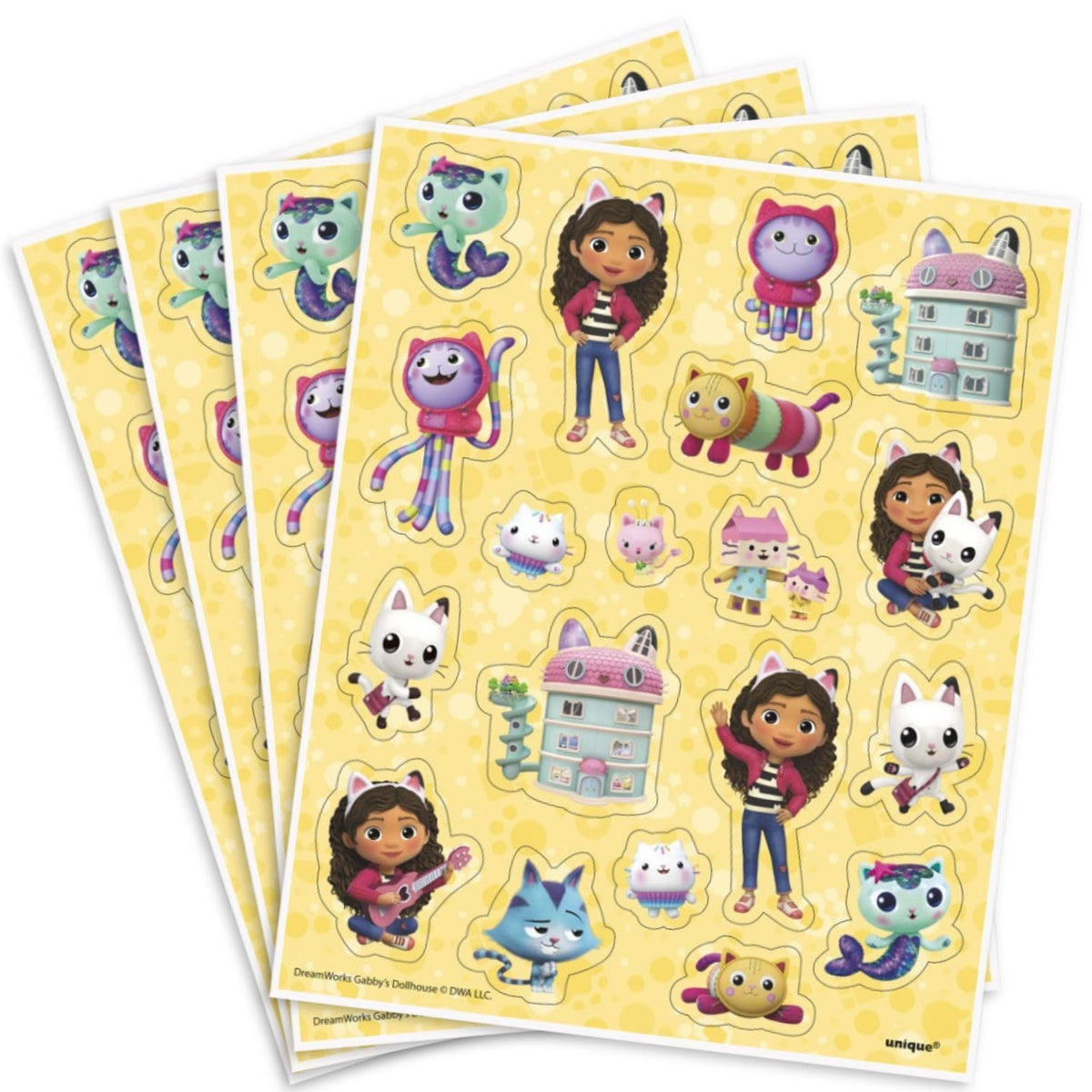Unique Yellow Gabbys Dollhouse Sticker Sheets  Pack of 4 Party Favors & Decor