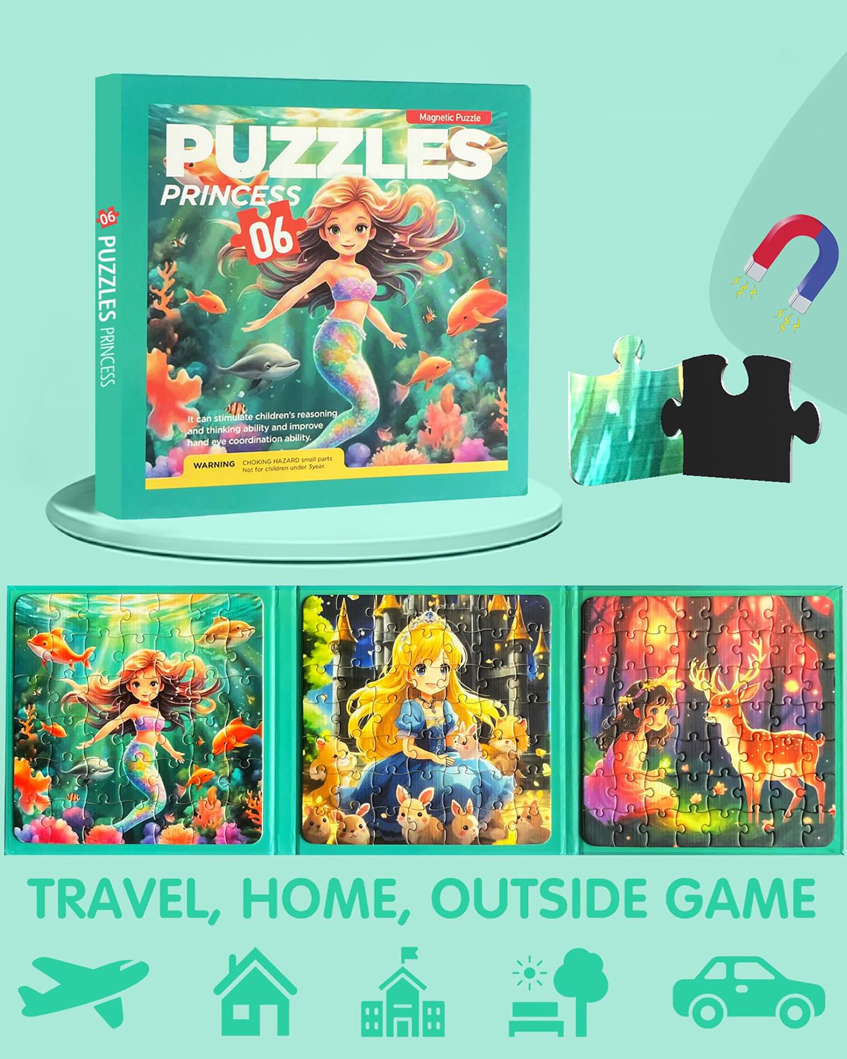 Unistylar Magnetic Puzzles for Toddlers 3-5 – 3-in-1 Mermaid Princess Travel Puzzle Book