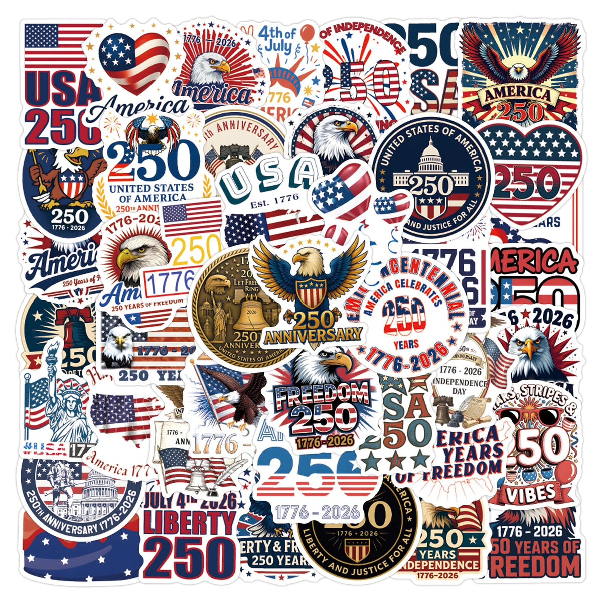 United States 250th Anniversary 50Pcs Vinyl Stickers – Waterproof Meme Pack for Laptops, Water Bottles & More